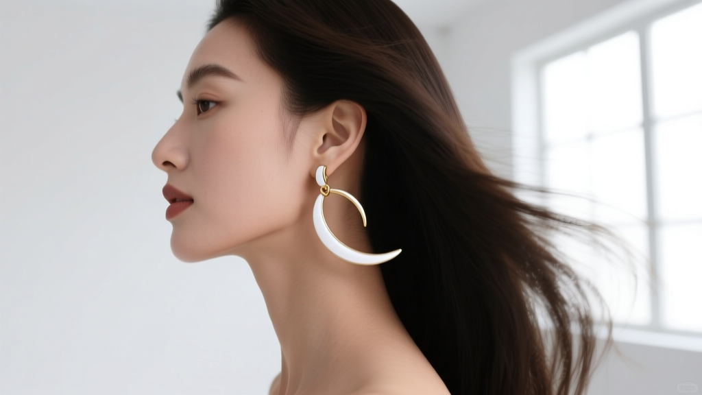 Side profile of a woman wearing white gold French back drop earrings, demonstrating the 360-degree swing and kinetic movement.