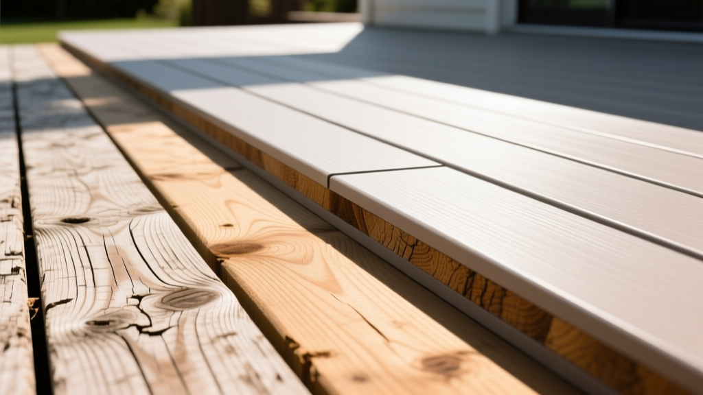 Close-up cross-section of weathered pressure-treated pine decking next to pristine capped composite boards on a sunlit outdoor patio