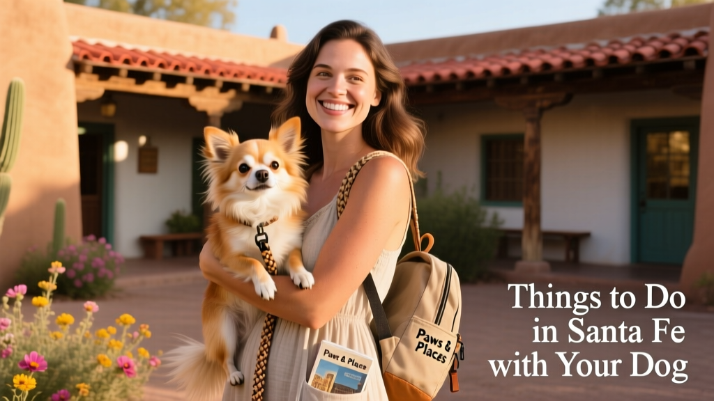A smiling woman holding up a long-furred Chihuahua outside in sunny Santa Fe
