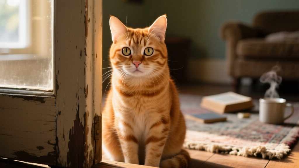 A ginger tabby sitting behind a door frame, eyes slightly wide and expression reminiscent of human sadness