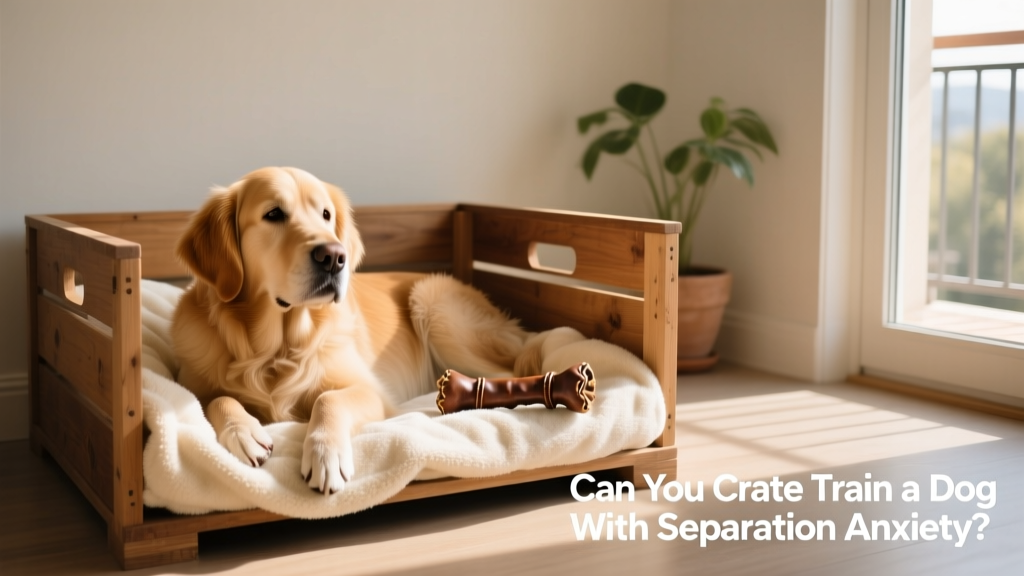 A calm, relaxed dog resting in a cozy, open crate with a soft blanket and chew toy