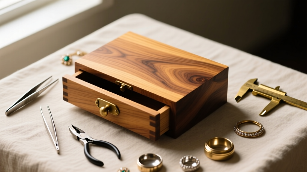Vintage wooden drawer sanded to reveal raw oak grain, surrounded by jewelry tools and soft natural window light, top-down view.