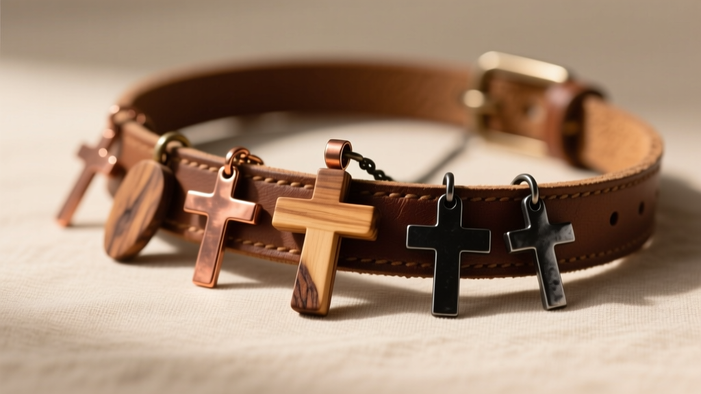 Rustic cross pendants in olive wood, copper, and blackened steel on worn leather under soft, warm directional studio lighting