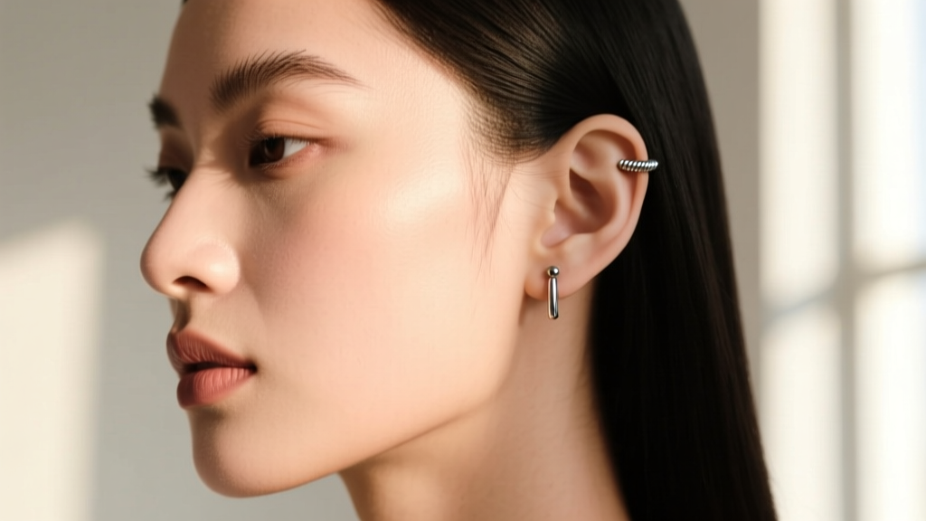 Side profile of a model wearing a 16-gauge titanium threaded labret stud in the upper ear cartilage, soft natural window light