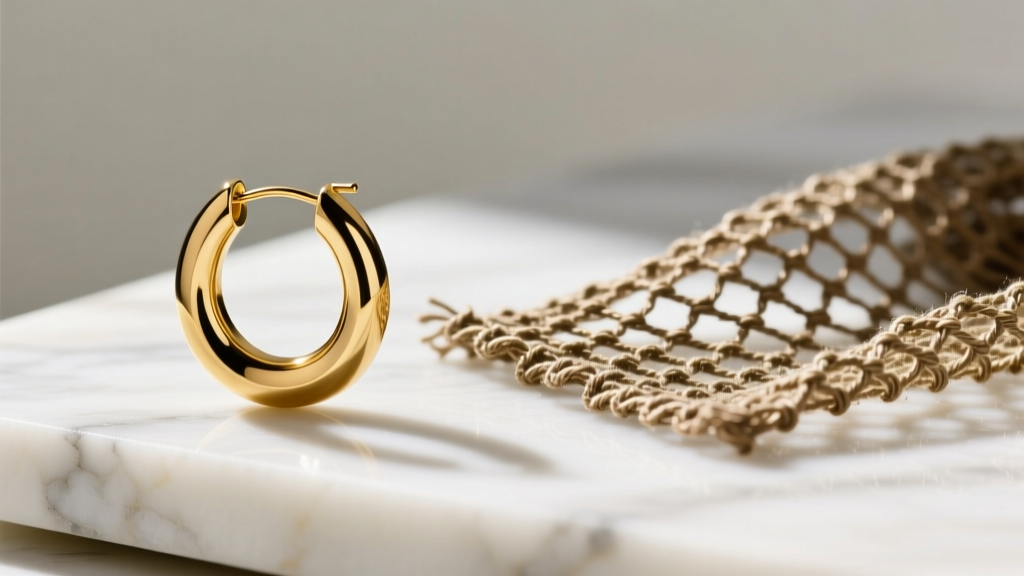 Side-by-side comparison of a modern 14k gold-filled 18-gauge hoop earring and a 90s grunge mesh swatch on marble surface in light