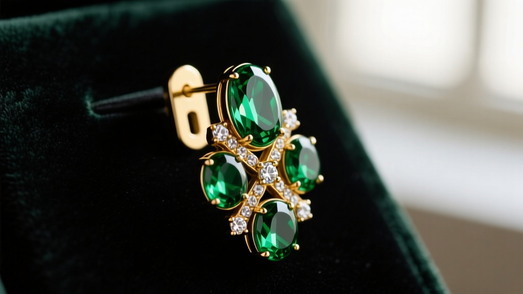 Close-up of a vintage Givenchy gold clip-on earring with green poured glass cabochons and rhinestones on dark velvet