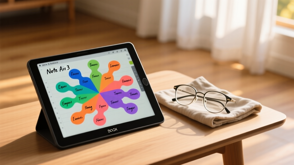 Open Boox Note Air 3 C color e-ink tablet displaying a handwritten digital planner and colorful mind map next to reading glasses