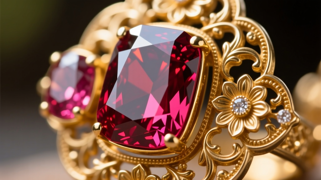 Macro shot comparing synthetic glass Kemp stones versus lab-created rubies set in traditional South Indian gold temple jewelry.