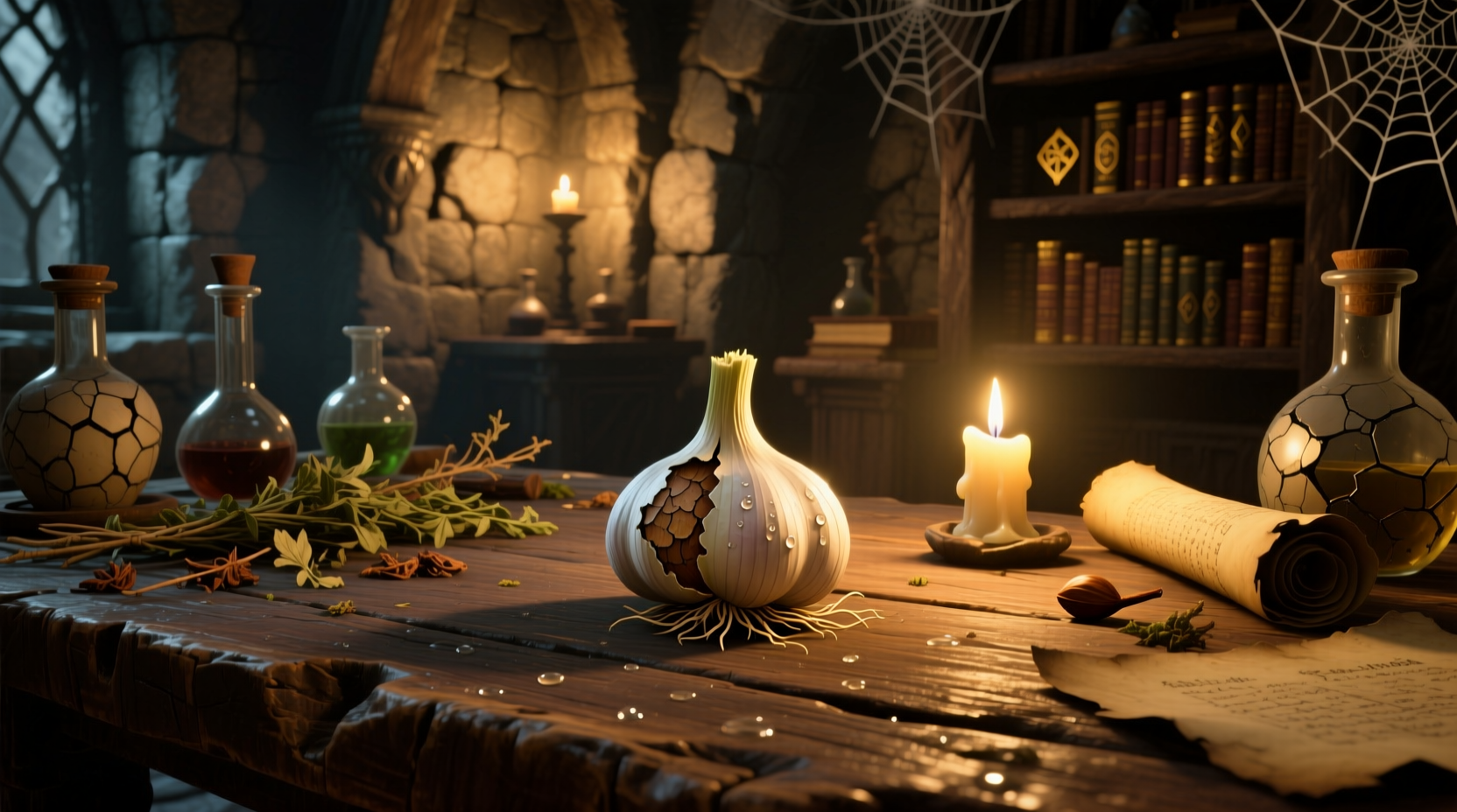 Oblivion game screenshot showing garlic on a wooden table