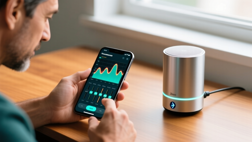 Tech enthusiast adjusting advanced parametric EQ settings on a smartphone app connected to a high-end cylindrical wireless speaker on a wooden desk