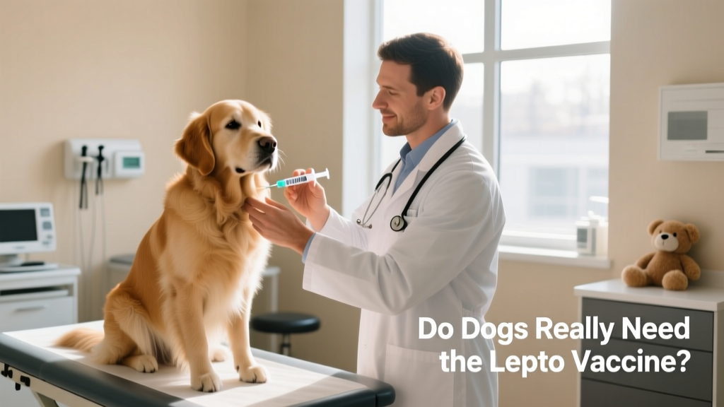 A veterinarian gently administering a vaccine to a calm, seated dog in a clinic setting