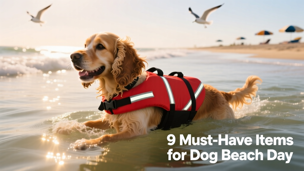 Medium-sized dog wearing a bright red life jacket, paddling confidently in calm ocean water