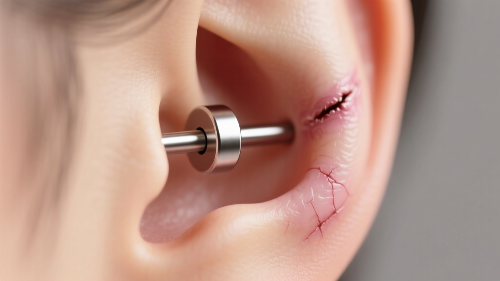 Close-up of a healed helix piercing with a titanium flat-back, softly lit against a blurred background to show cartilage care.