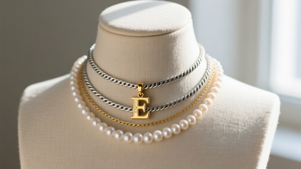 Layered necklace stack with a pearl choker, a gold initial pendant, and a silver rope chain on a neutral linen mannequin bust