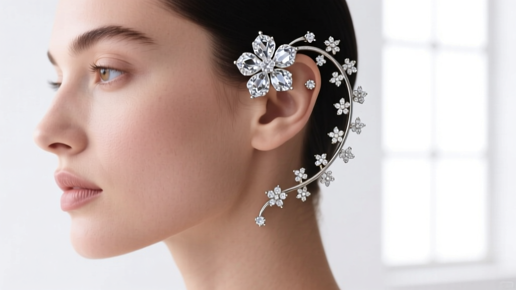 Profile of a model wearing an ear-scape with a large diamond flower cluster on the lobe and tiny floral studs on the helix.