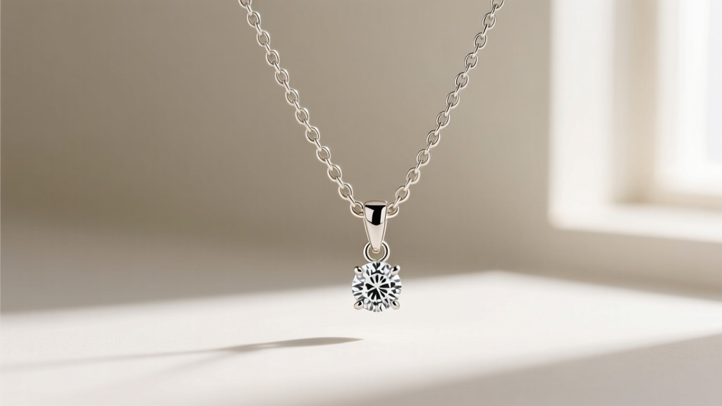 Side profile of a 14k white gold chain necklace with a bezel-set lab-grown diamond charm, highlighting the secure bail and clasp
