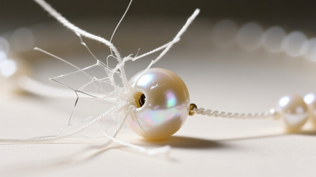 Macro photo of a broken pearl necklace with frayed white silk thread bursting through the drill hole of a cream Akoya pearl.
