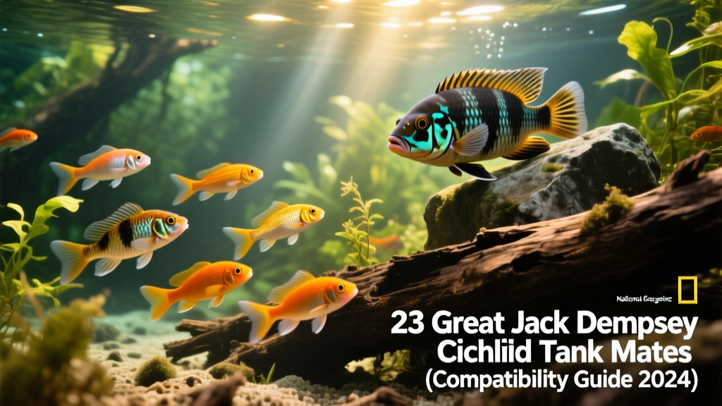 Group of clown loaches darting playfully near a sunken log while a Jack Dempsey observes from behind a rock