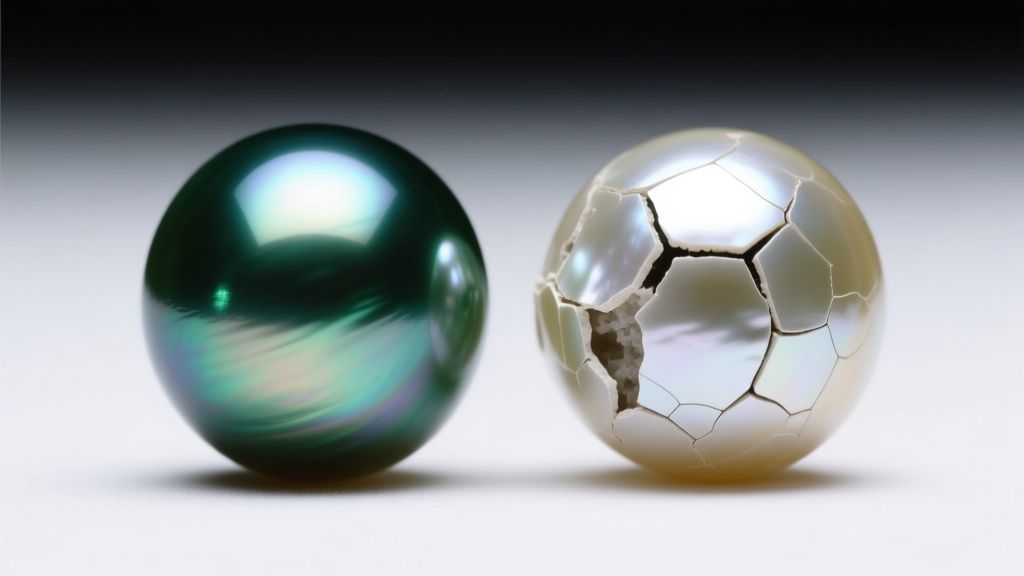 Macro photo comparing a peeling imitation shell pearl next to a flawless 12mm Tahitian saltwater pearl with dark green overtones.