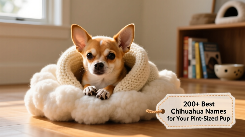 A playful Chihuahua puppy snuggled up in a soft blanket