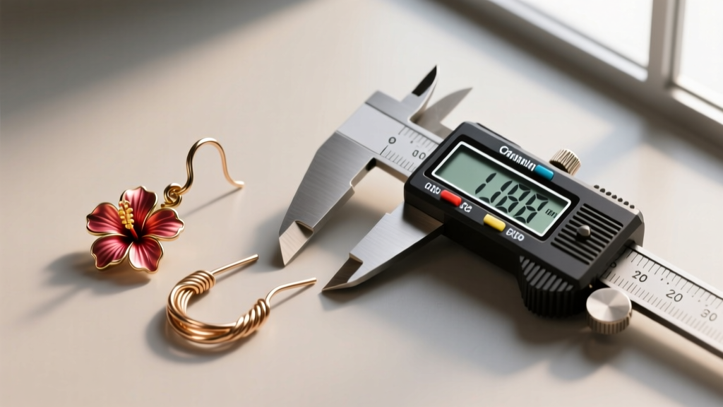 Overhead view of hibiscus earring wires, showing 18-gauge and 20-gauge thickness differences next to a digital metal caliper.