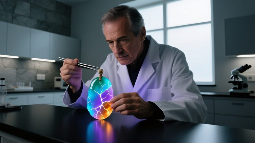 Gemologist examining a multi colored jade pendant under long-wave UV light to check for polymer fluorescence in a dimly lit lab.