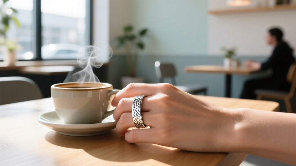 Side profile of an Argentium silver hammered wedding band worn on a hand holding a coffee cup in a bright, sunlit modern cafe
