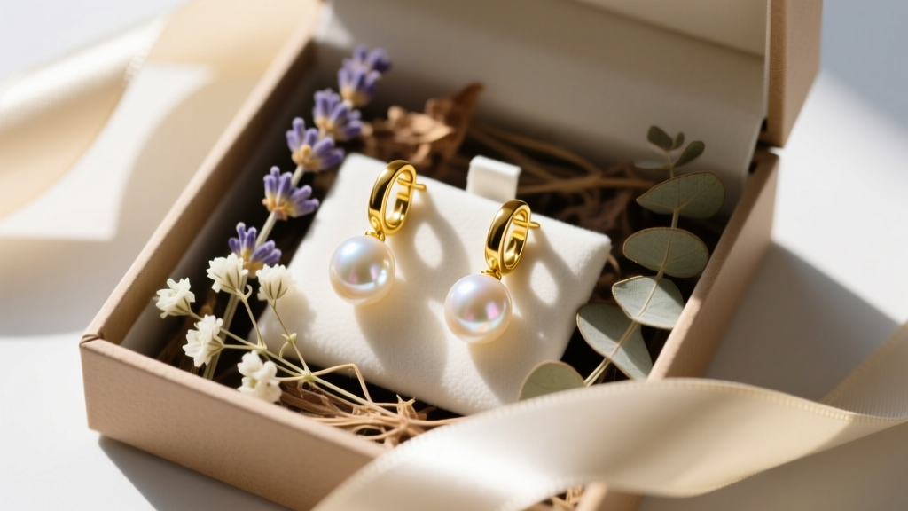 Open gift box featuring 14k yellow gold leverback earrings with Akoya pearls, surrounded by dried flowers and cream silk ribbon