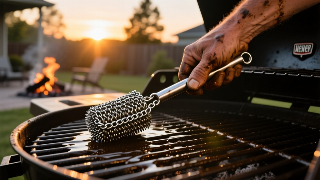Hand holding a 14-gauge stainless steel chainmail scrubber wiping across a greasy Weber kettle grill grate at sunset