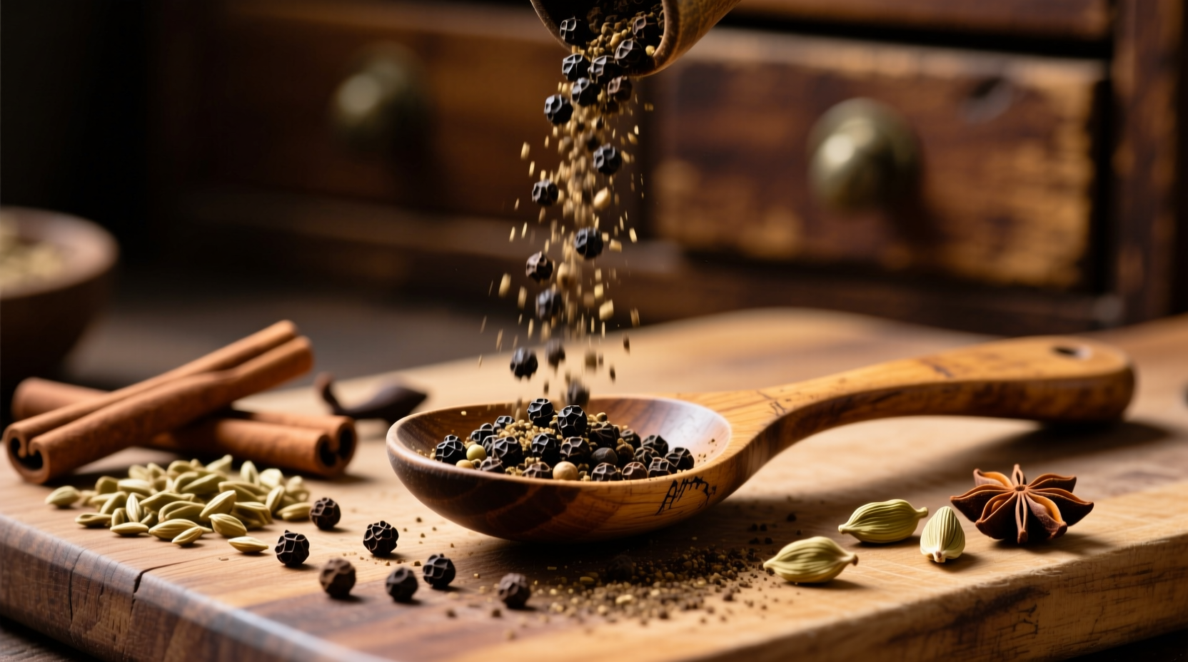 Close-up of freshly ground black pepper and spices on wooden spoon