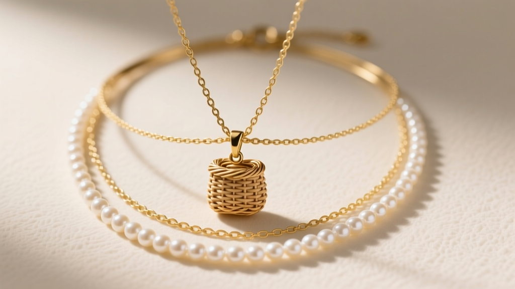 Layered necklace stack with a Nantucket basket pendant on a 16-inch chain, paired with a delicate gold lariat and seed pearls.