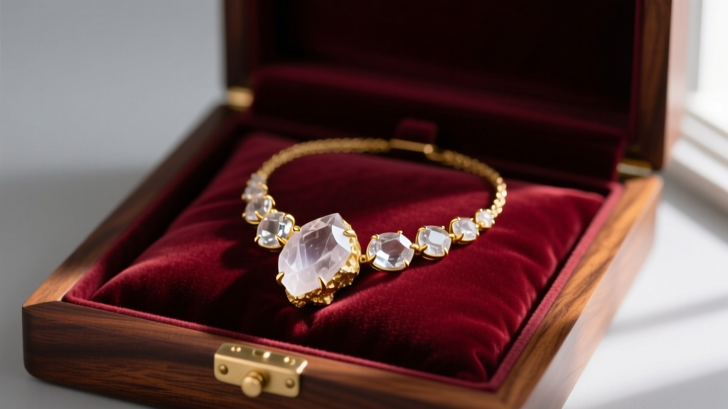 Mens raw gold nugget necklace with quartz inclusions resting inside a velvet-lined mahogany box to prevent surface scratching