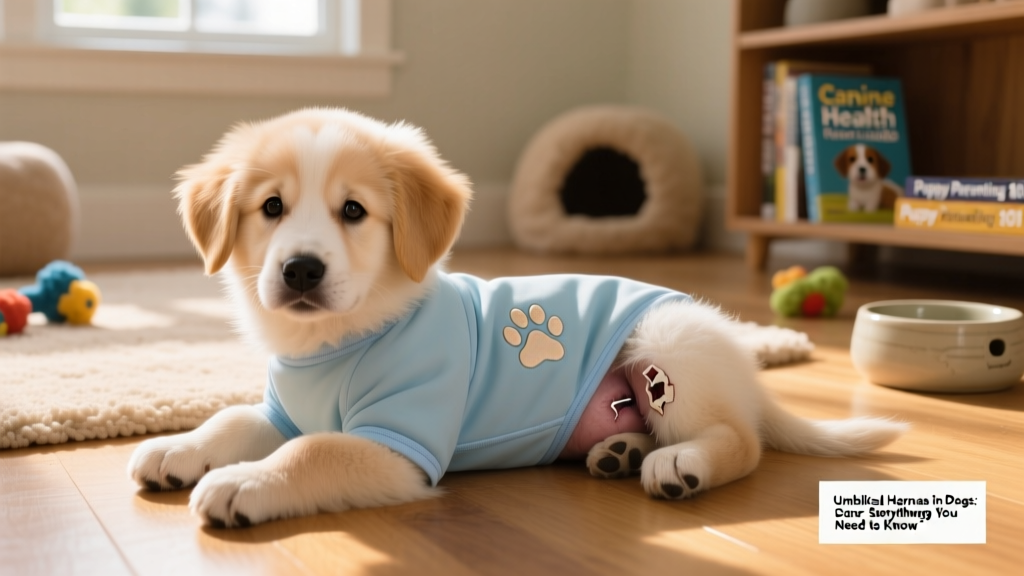 Puppy wearing a soft recovery suit after umbilical hernia surgery
