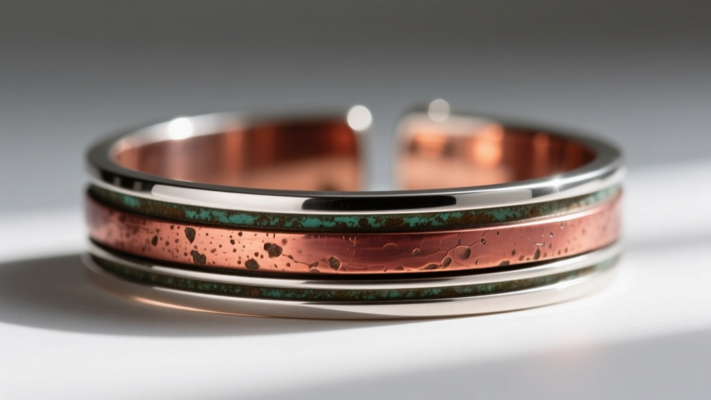 Cross-section macro photo showing the microscopic copper core and thin silver plating layer of a vintage jewelry bracelet