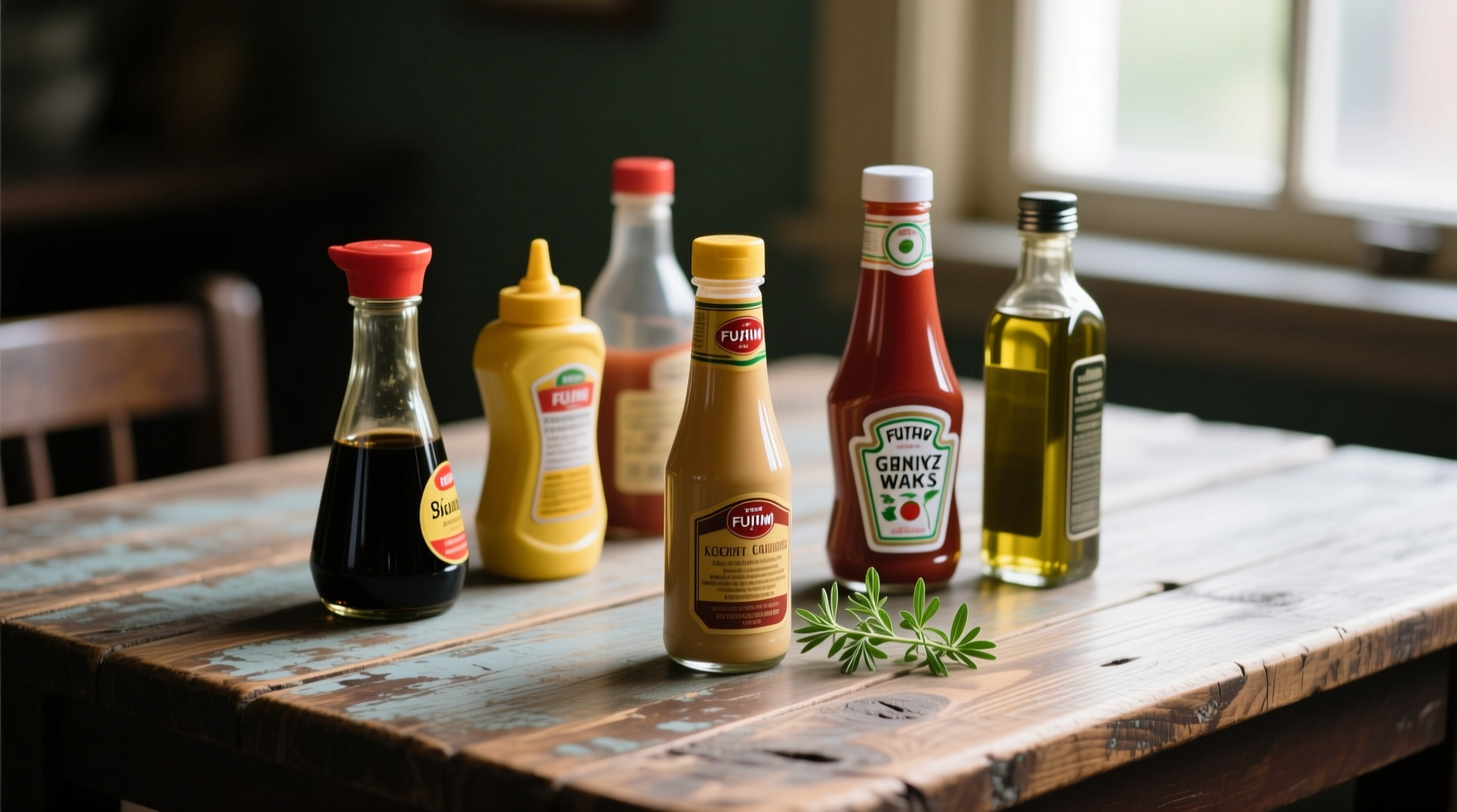 Various condiment bottles on wooden table