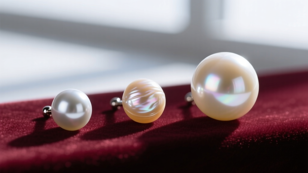 Three pearl studs on velvet: 8mm Akoya, 10mm Freshwater, and 14mm South Sea, highlighting distinct size and luster differences.
