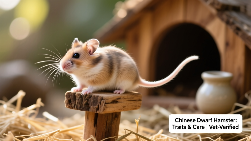 Close-up photo of a Chinese dwarf hamster perched on a wooden perch, showing its slender body and distinctive long tail