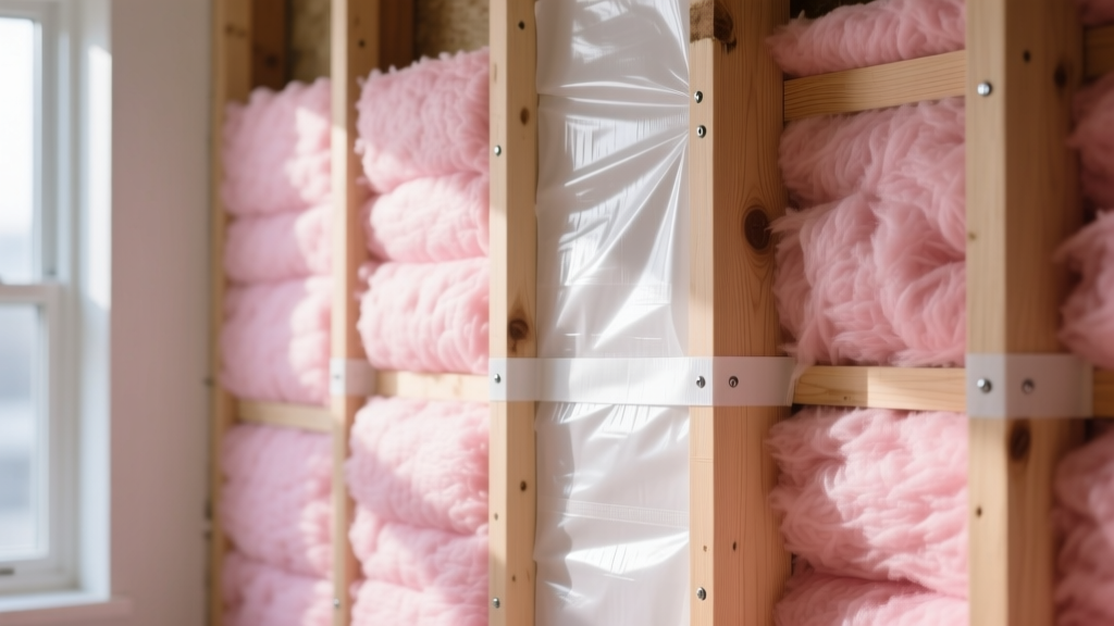 Wall cavity cross-section showing pink fiberglass batts nestled between wooden studs with a vapor barrier stapled to the framing.