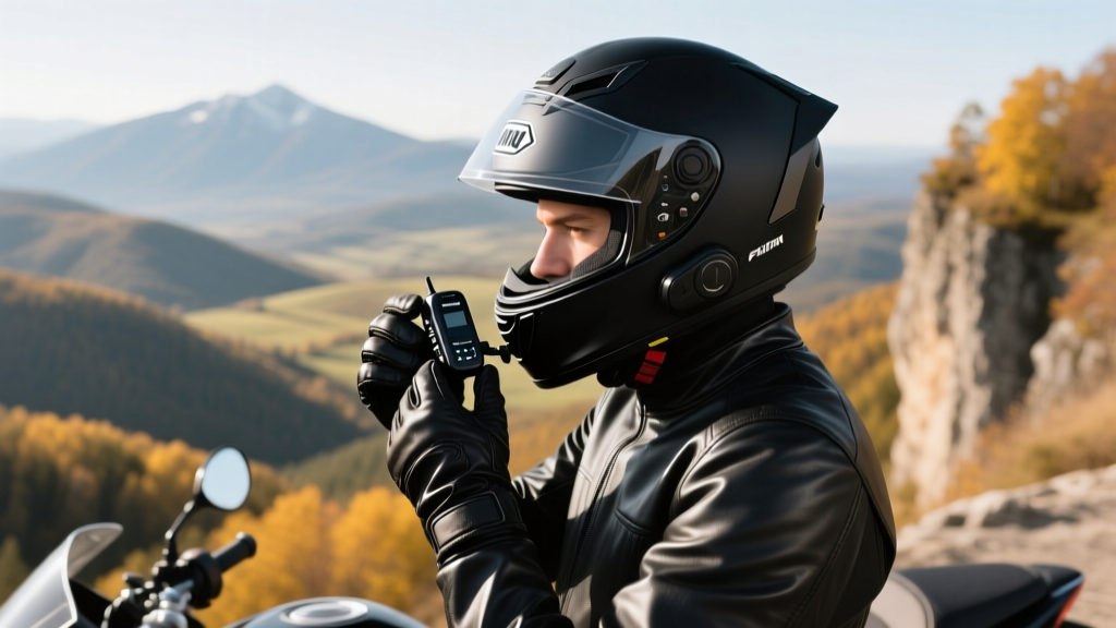 Rider in black leather gloves adjusting a budget Bluetooth intercom mounted on a matte black motorcycle helmet at a scenic overlook