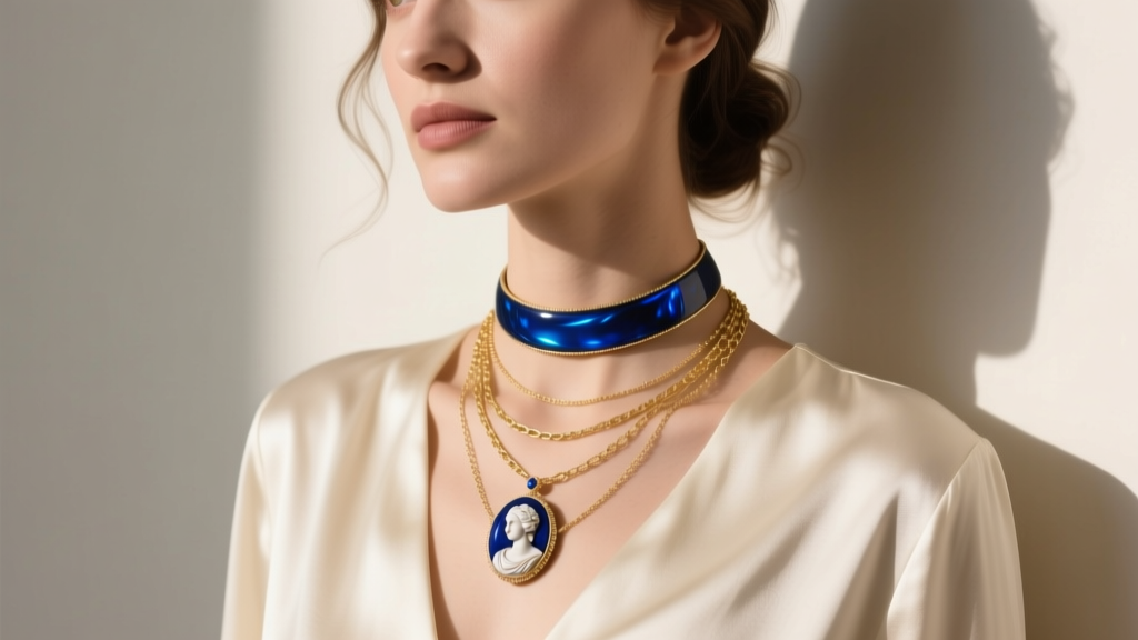 Woman wearing a layered necklace stack with a delicate gold chain and a blue glass cameo choker against a cream silk blouse