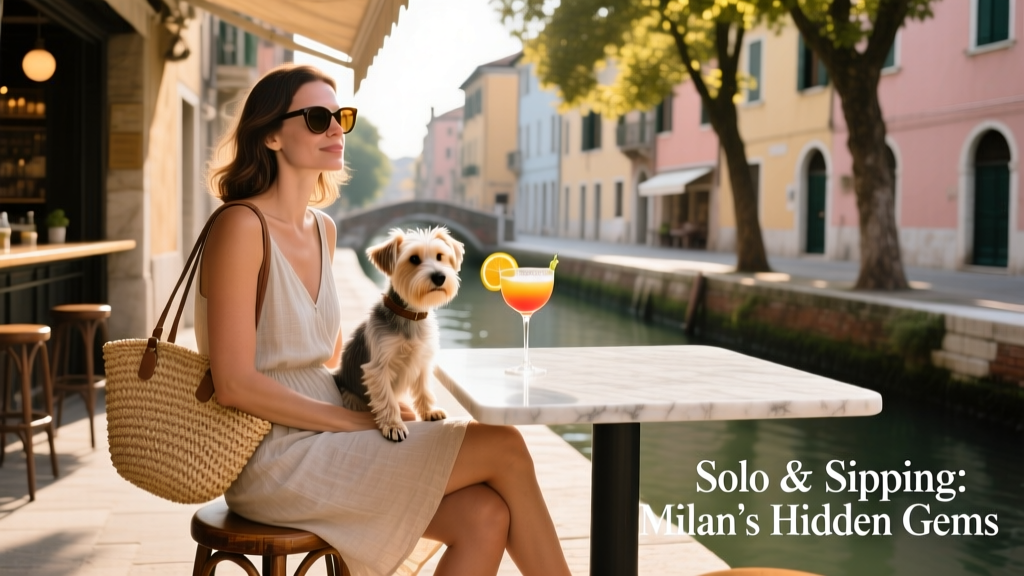 A woman enjoying an aperitivo at a sidewalk bar in Milan’s Navigli District