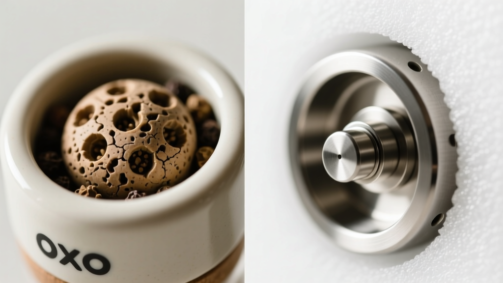 Side-by-side macro shot of OXO ceramic pepper grinder burrs and stainless steel salt grinder mechanism showing grain texture differences