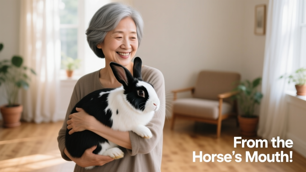A person with short gray hair smiling warmly while holding a large, calm black-and-white rabbit against their chest