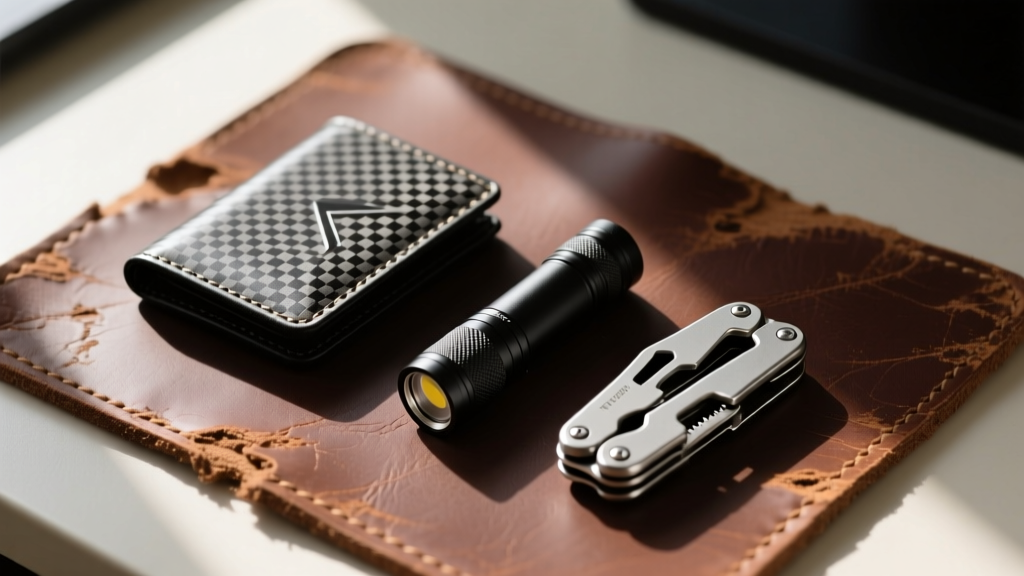 A flat lay of ultra-compact EDC gear including a carbon fiber wallet, micro flashlight, and tiny multi-tool on a distressed leather desk mat.