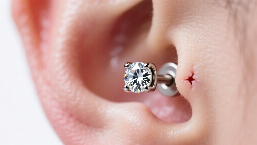 Macro shot of a 14-gauge titanium threadless earring end with a lab-grown diamond, inserted into a healed cartilage helix