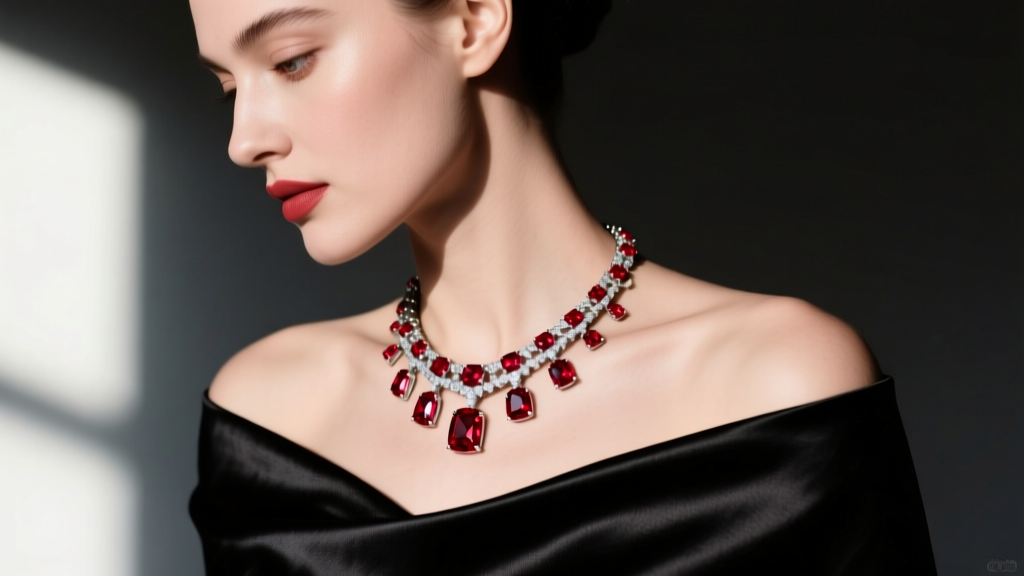 Close-up profile of a woman wearing a structured red spinel and silver collar necklace against a black silk off-the-shoulder gown