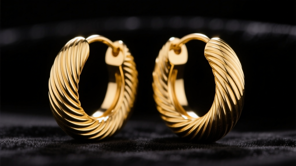 Macro shot of 14k yellow gold ribbed hoop earrings highlighting corrugated texture against dark velvet in soft studio lighting