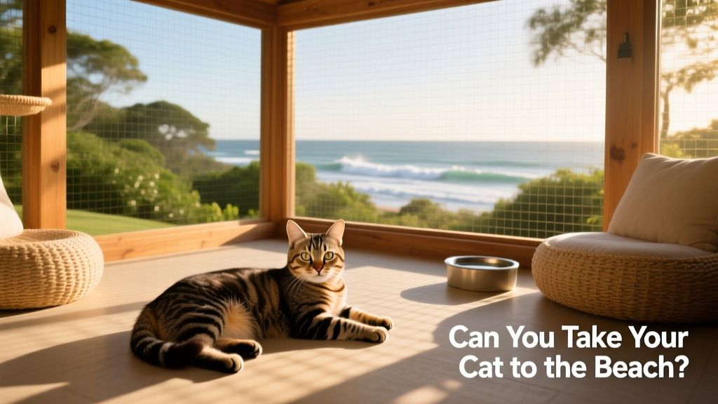 A relaxed cat lounging in a secure, shaded catio with mesh walls and a view of greenery
