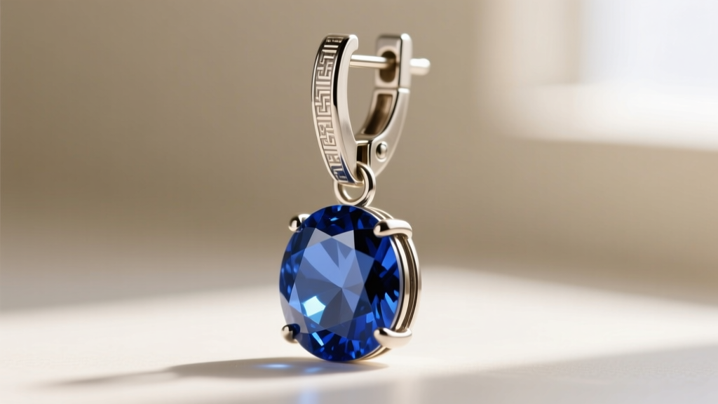 Macro photo of a secure leverback earring closure holding a heavy blue sapphire drop earring, highlighting the hinge mechanism