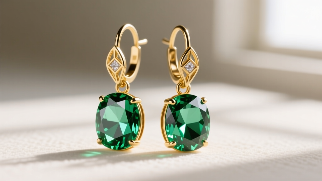 Macro photography of 18k gold leverback dangle earrings featuring faceted green tsavorite garnets catching natural window light